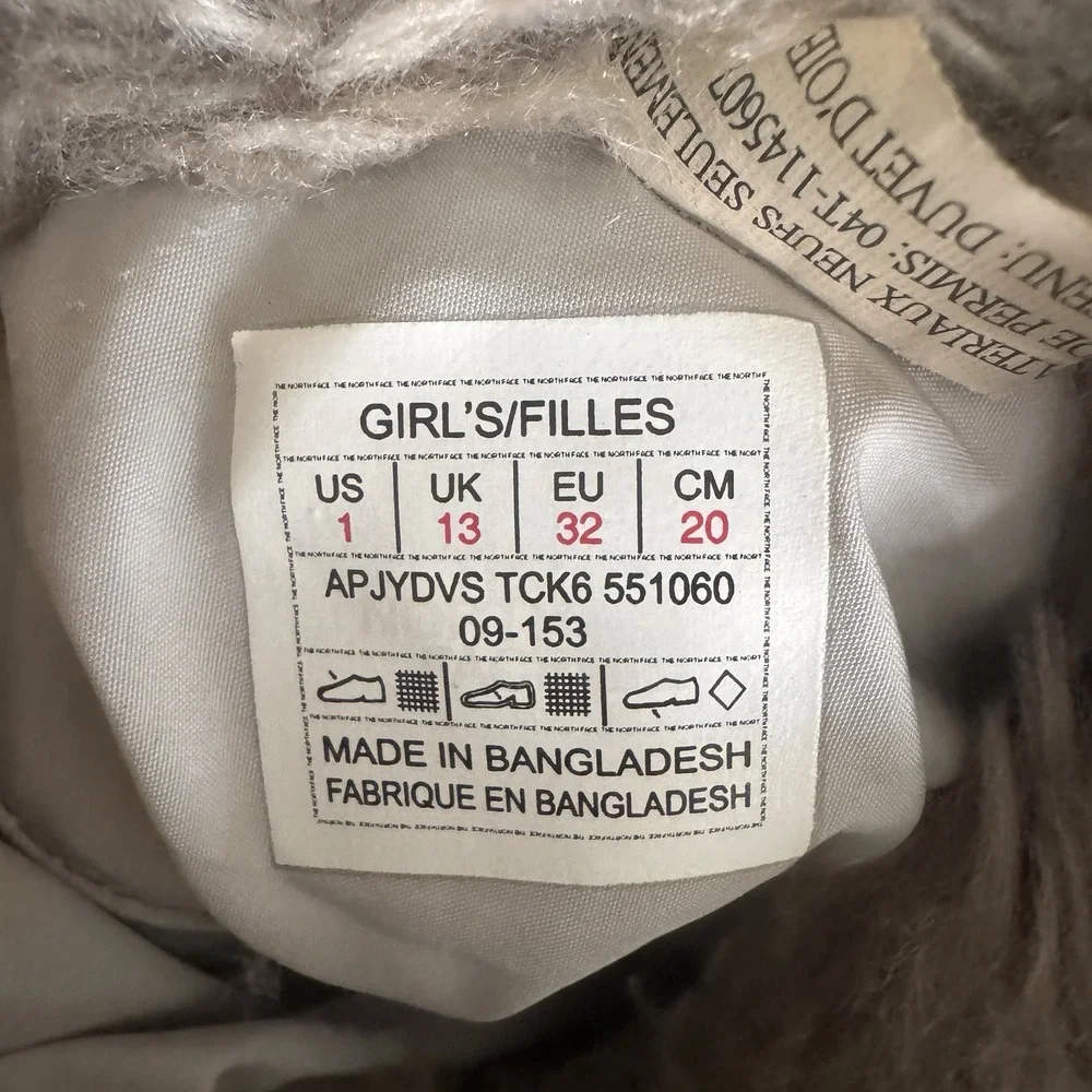 The North Face Alpenglow Snow Boots Girls Size 1 Gray Purple Goose Down Faux Fur